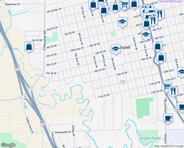 map of restaurants, bars, coffee shops, grocery stores, and more near 752-798 8th St W in Kalispell