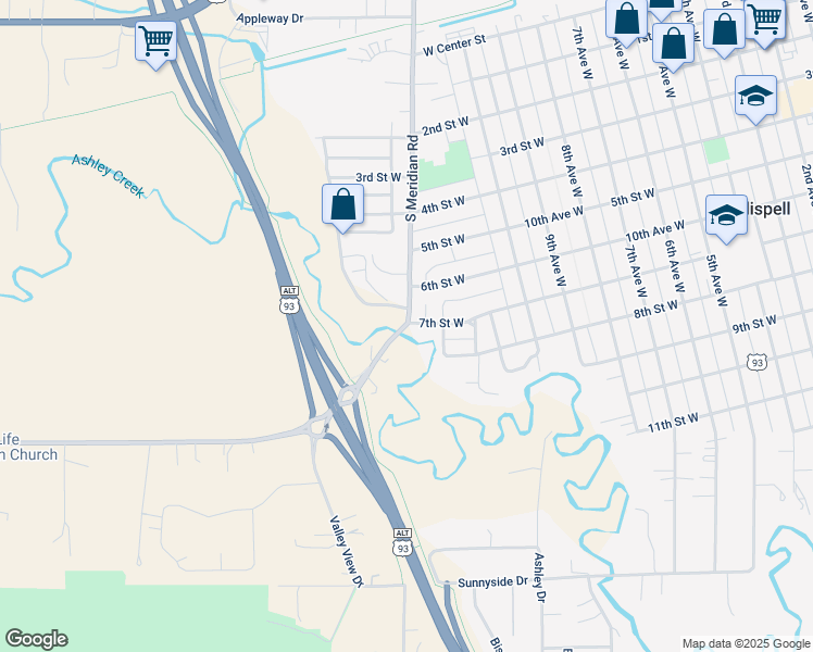 map of restaurants, bars, coffee shops, grocery stores, and more near 1327 7th Street West in Kalispell
