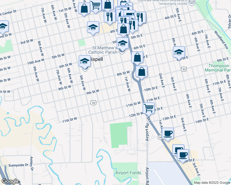 map of restaurants, bars, coffee shops, grocery stores, and more near 928 2nd Avenue West in Kalispell