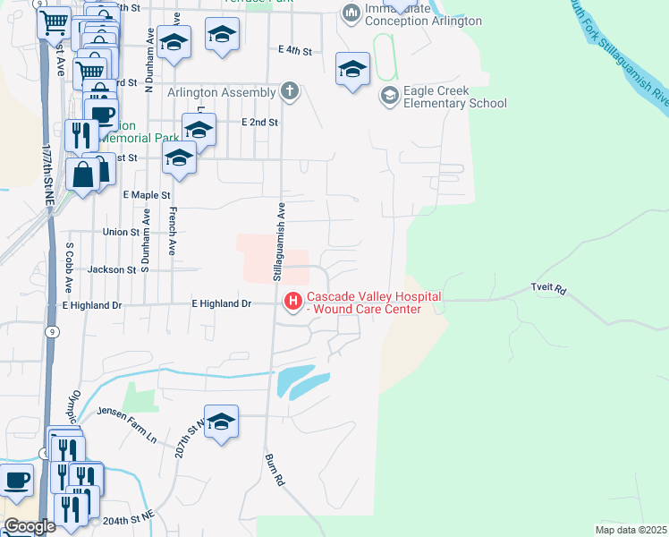map of restaurants, bars, coffee shops, grocery stores, and more near 421 South Stillaguamish Avenue in Arlington