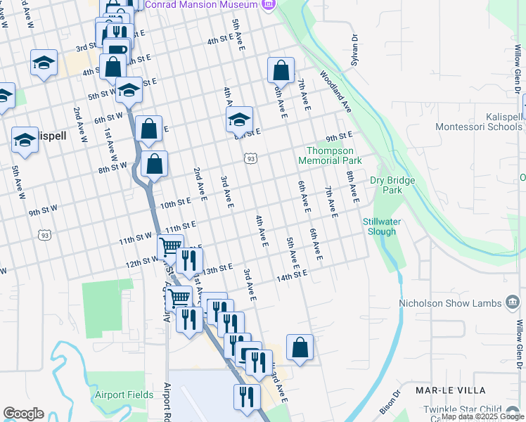 map of restaurants, bars, coffee shops, grocery stores, and more near 1104 5th Ave E in Kalispell