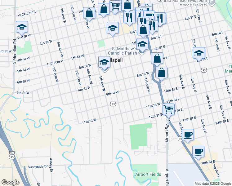 map of restaurants, bars, coffee shops, grocery stores, and more near 905 4th Avenue West in Kalispell