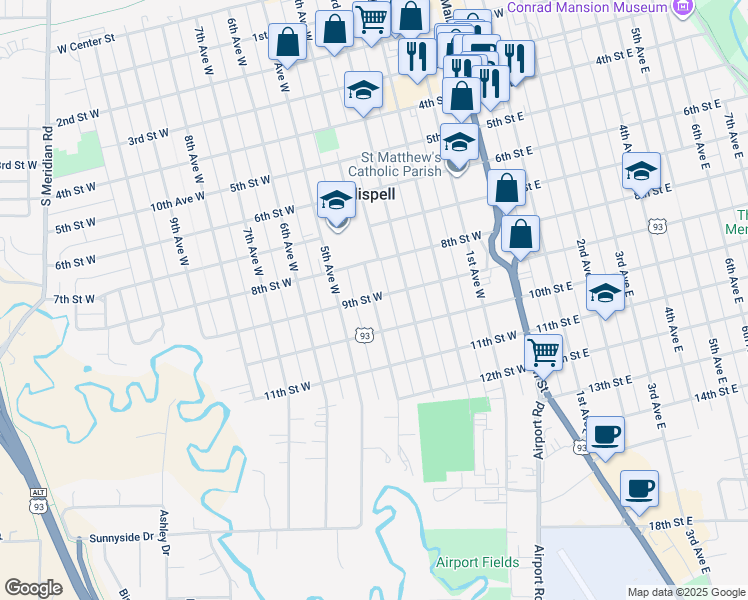 map of restaurants, bars, coffee shops, grocery stores, and more near 905 4th Avenue West in Kalispell