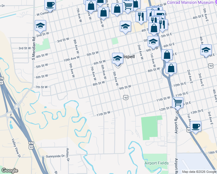 map of restaurants, bars, coffee shops, grocery stores, and more near 825 6th Avenue West in Kalispell