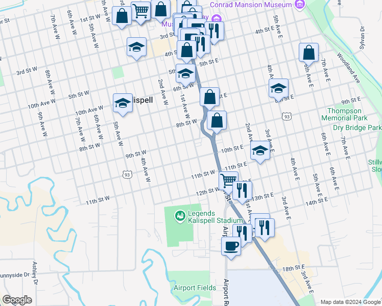 map of restaurants, bars, coffee shops, grocery stores, and more near 936 1st Avenue West in Kalispell