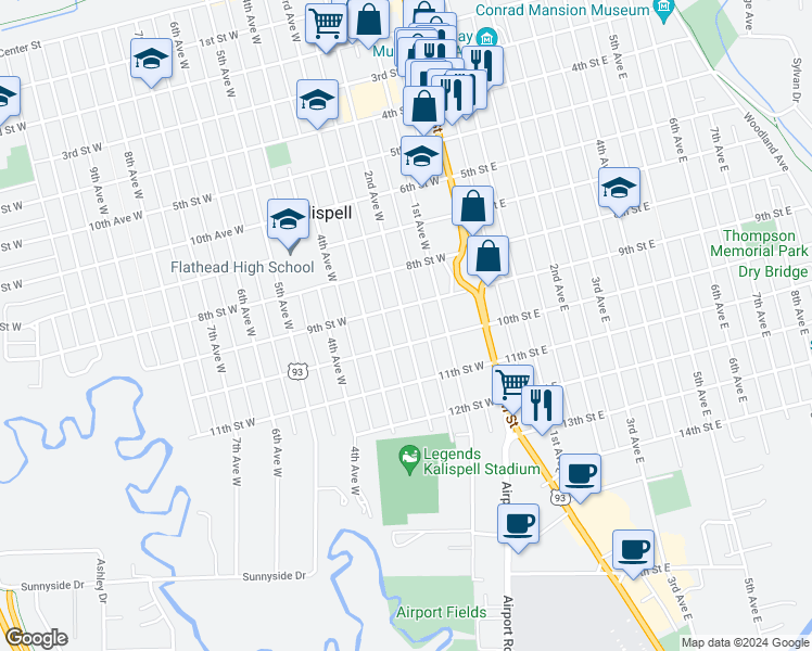 map of restaurants, bars, coffee shops, grocery stores, and more near 928 2nd Ave W in Kalispell