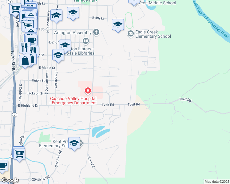 map of restaurants, bars, coffee shops, grocery stores, and more near 421 South Stillaguamish Avenue in Arlington