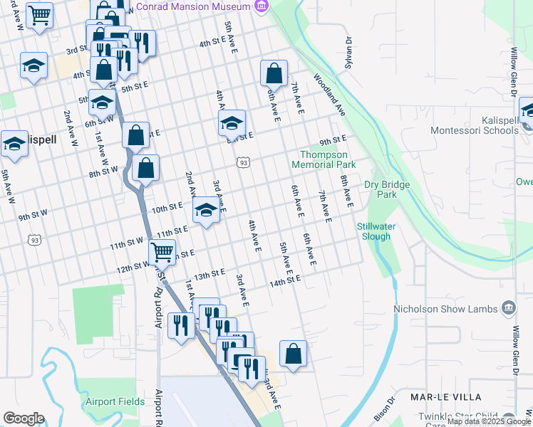 map of restaurants, bars, coffee shops, grocery stores, and more near 1104 5th Avenue East in Kalispell