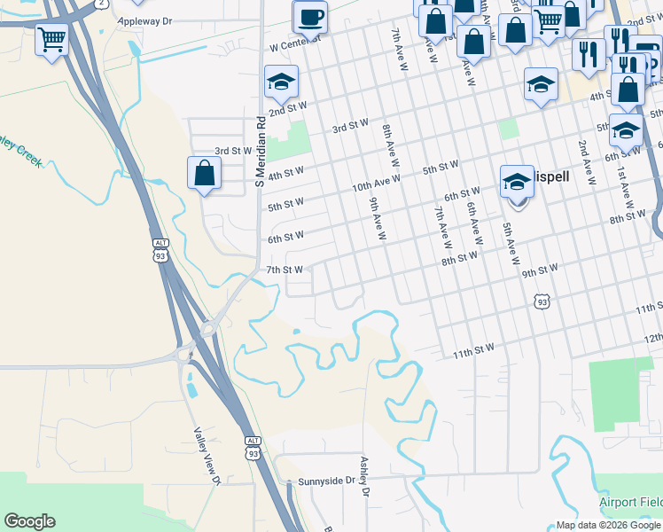 map of restaurants, bars, coffee shops, grocery stores, and more near 1044 7th Street West in Kalispell
