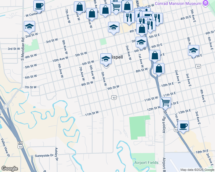 map of restaurants, bars, coffee shops, grocery stores, and more near 835 5th Avenue West in Kalispell