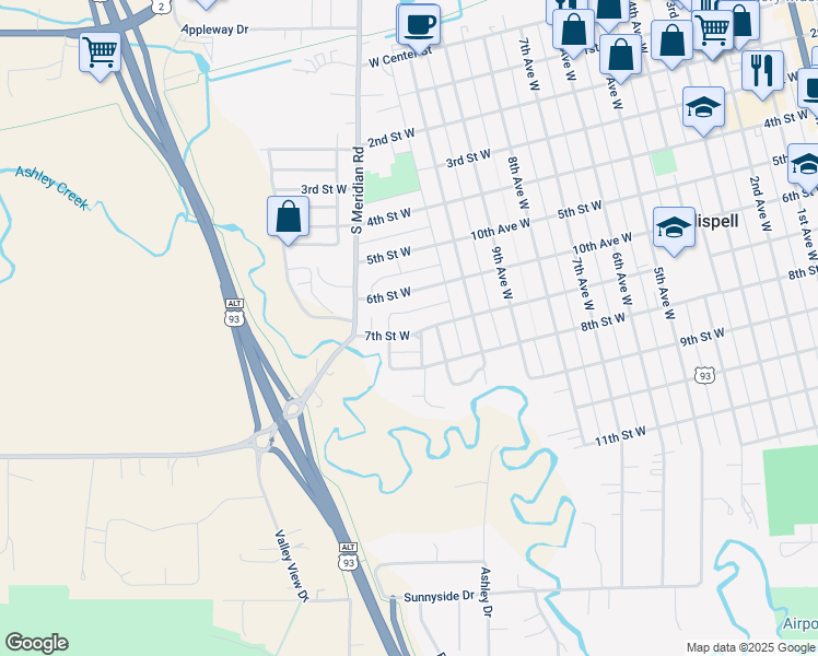 map of restaurants, bars, coffee shops, grocery stores, and more near 1207 7th St W in Kalispell