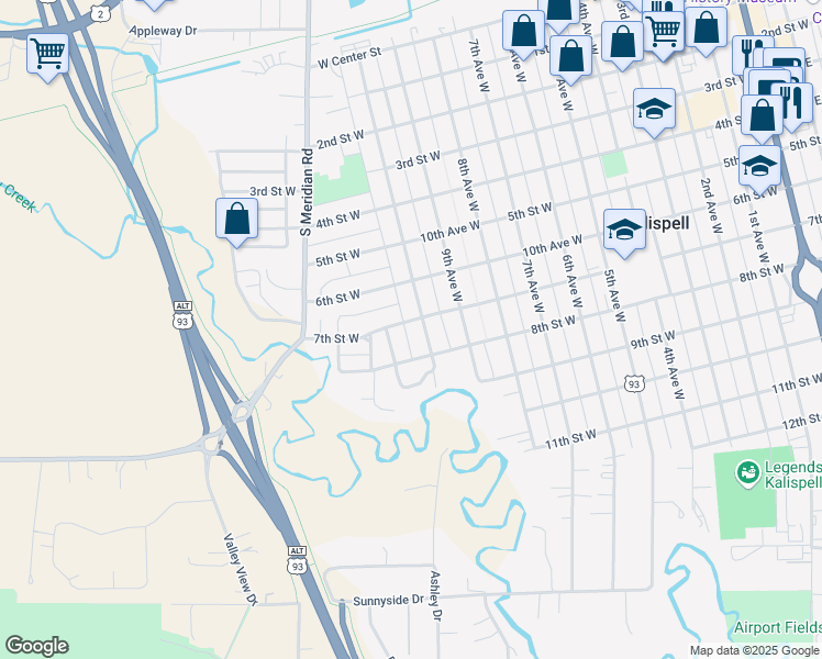 map of restaurants, bars, coffee shops, grocery stores, and more near 1044 7th Street West in Kalispell
