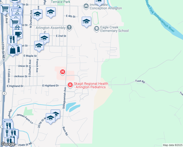 map of restaurants, bars, coffee shops, grocery stores, and more near 21308 87th Avenue Northeast in Arlington