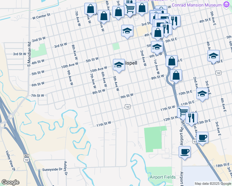 map of restaurants, bars, coffee shops, grocery stores, and more near 822 5th Avenue West in Kalispell
