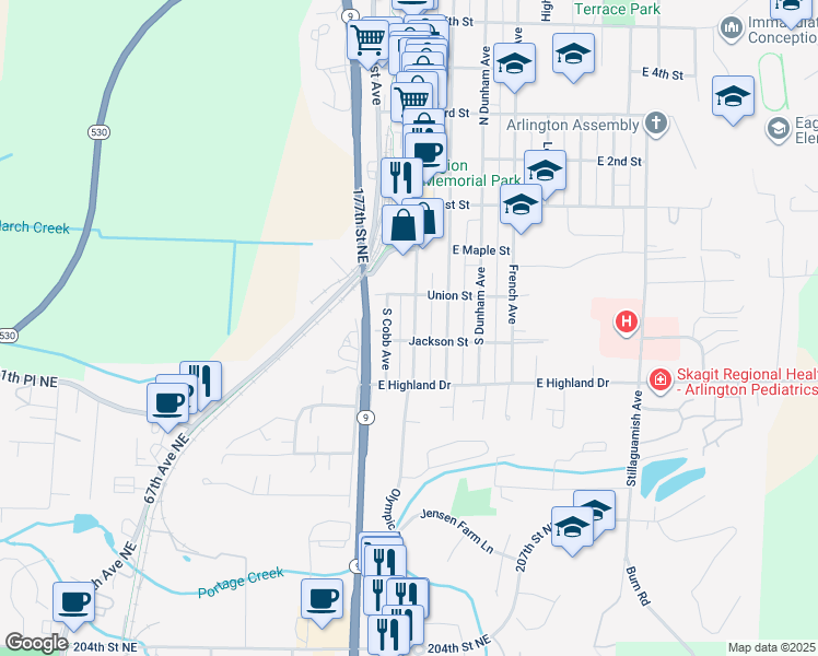 map of restaurants, bars, coffee shops, grocery stores, and more near 330 South Olympic Avenue in Arlington