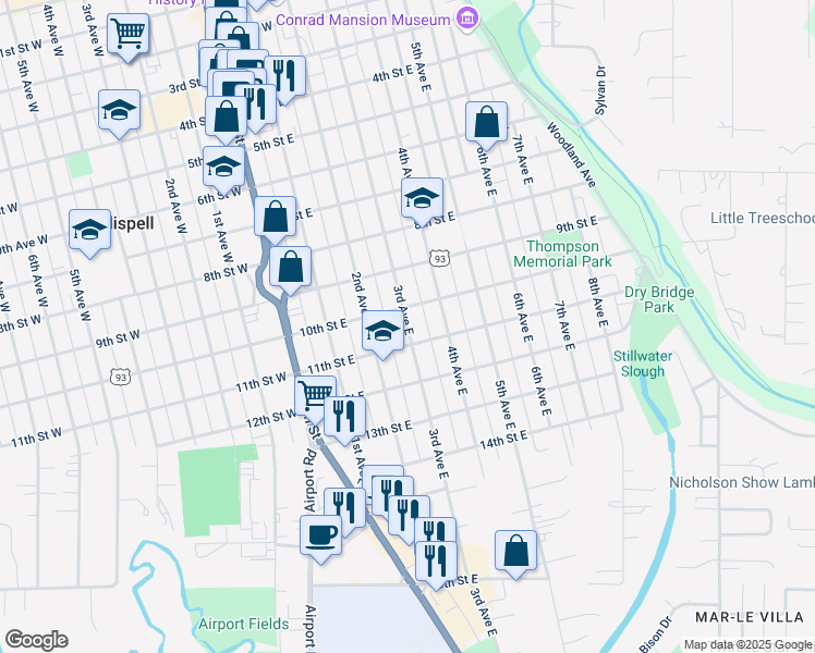 map of restaurants, bars, coffee shops, grocery stores, and more near 1028 3rd Avenue East in Kalispell