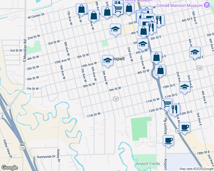 map of restaurants, bars, coffee shops, grocery stores, and more near 822 5th Avenue West in Kalispell