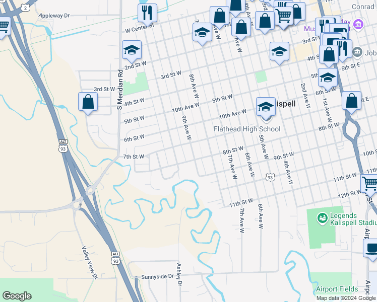 map of restaurants, bars, coffee shops, grocery stores, and more near 720 9th Avenue West in Kalispell
