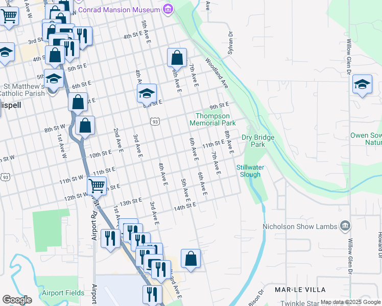 map of restaurants, bars, coffee shops, grocery stores, and more near 1104 6th Avenue East in Kalispell