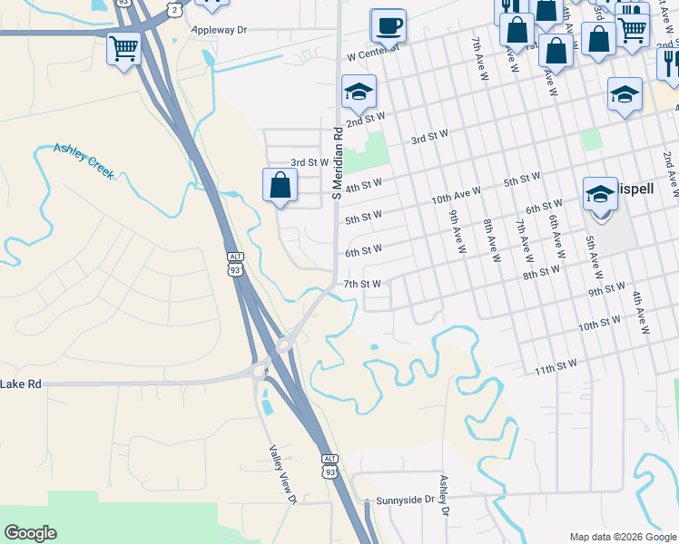 map of restaurants, bars, coffee shops, grocery stores, and more near 645 South Meridian Road in Kalispell