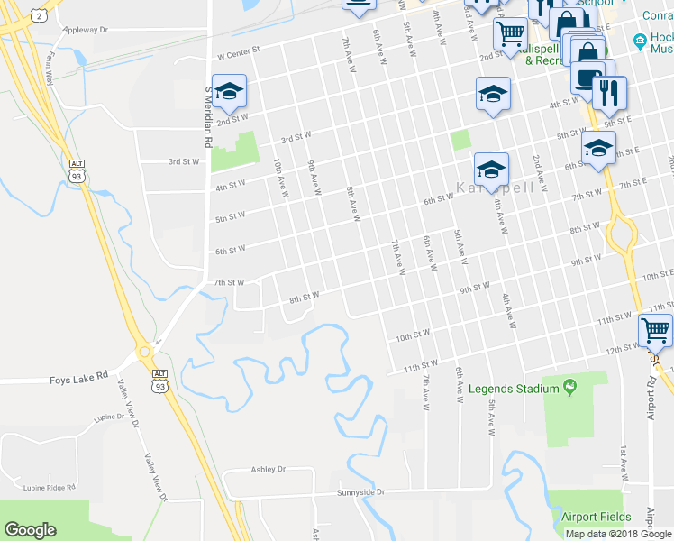 map of restaurants, bars, coffee shops, grocery stores, and more near 722 9th Avenue West in Kalispell