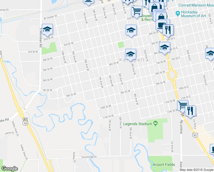 map of restaurants, bars, coffee shops, grocery stores, and more near 650 8th Street West in Kalispell
