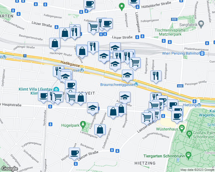 map of restaurants, bars, coffee shops, grocery stores, and more near 11 Schließmanngasse in Vienna