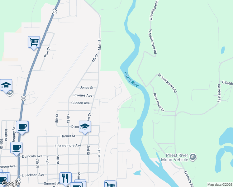 map of restaurants, bars, coffee shops, grocery stores, and more near 649 Larch Street in Priest River