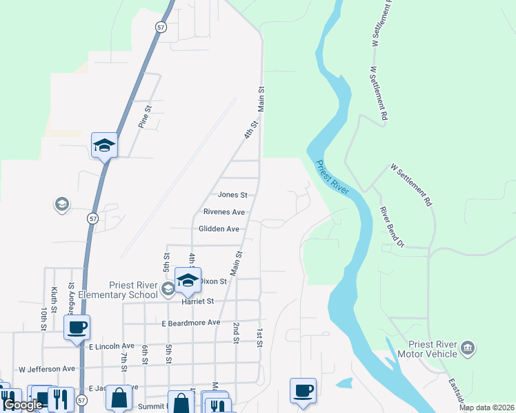map of restaurants, bars, coffee shops, grocery stores, and more near 623 Cemetery Road in Priest River