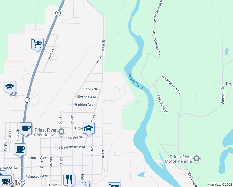 map of restaurants, bars, coffee shops, grocery stores, and more near 649 Larch Street in Priest River