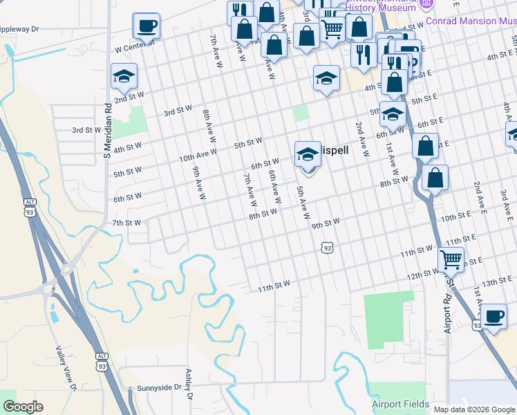 map of restaurants, bars, coffee shops, grocery stores, and more near 735 7th Avenue West in Kalispell