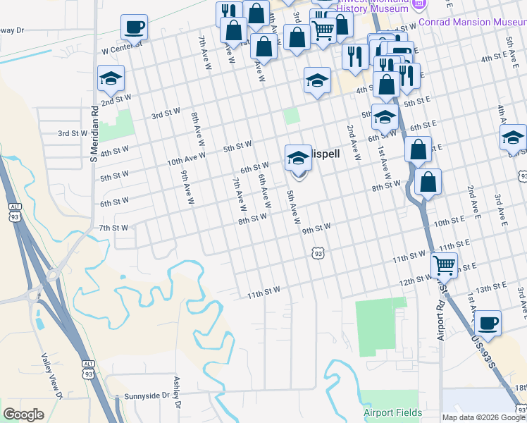 map of restaurants, bars, coffee shops, grocery stores, and more near 825 6th Avenue West in Kalispell