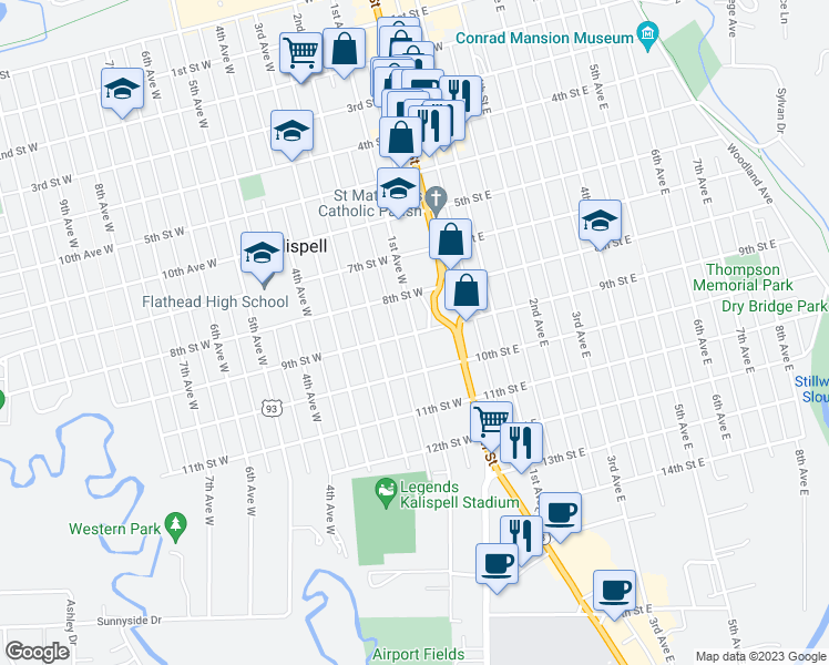 map of restaurants, bars, coffee shops, grocery stores, and more near 100 9th Street West in Kalispell