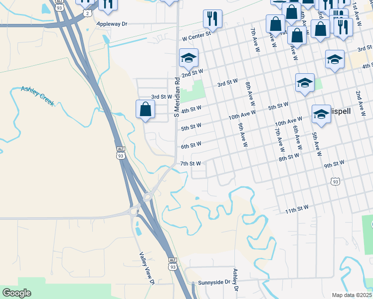 map of restaurants, bars, coffee shops, grocery stores, and more near 521 South Meridian Road in Kalispell