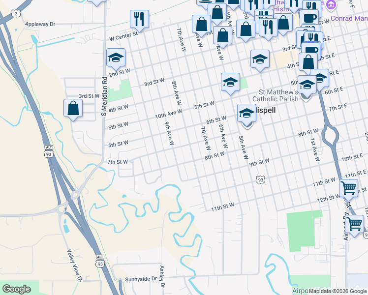 map of restaurants, bars, coffee shops, grocery stores, and more near 820 6th Street West in Kalispell