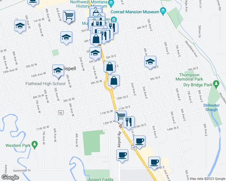 map of restaurants, bars, coffee shops, grocery stores, and more near 905 South Main Street in Kalispell