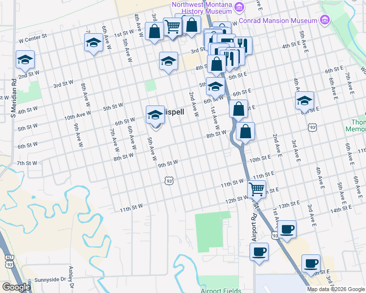 map of restaurants, bars, coffee shops, grocery stores, and more near 735 3rd Avenue West in Kalispell