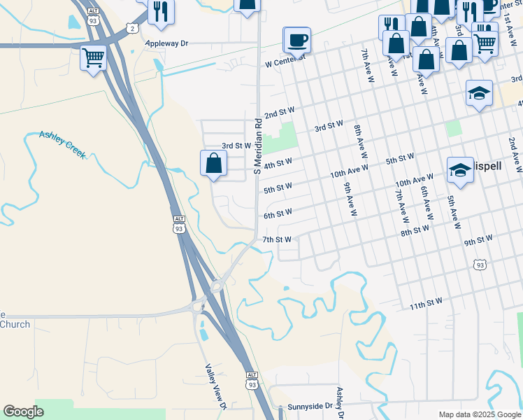 map of restaurants, bars, coffee shops, grocery stores, and more near 521 South Meridian Road in Kalispell