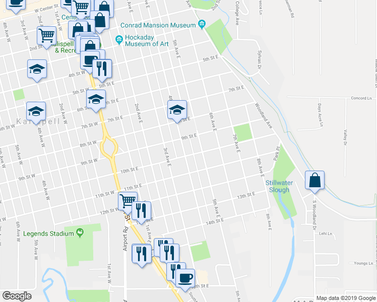 map of restaurants, bars, coffee shops, grocery stores, and more near 921 4th Avenue East in Kalispell