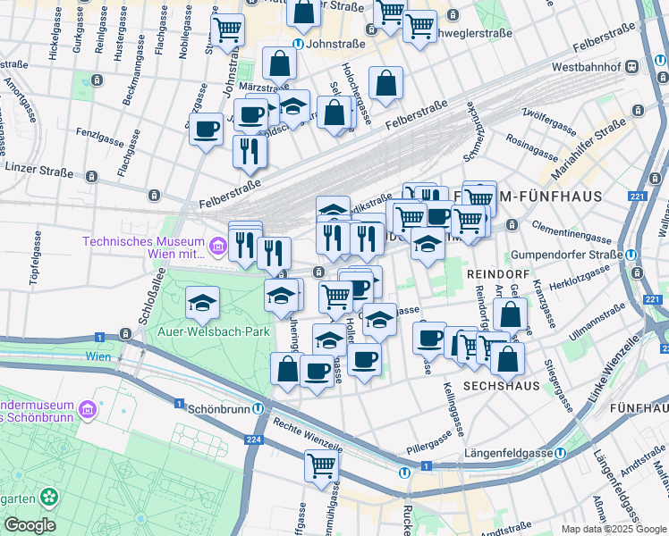 map of restaurants, bars, coffee shops, grocery stores, and more near 223 Mariahilfer Straße in Vienna