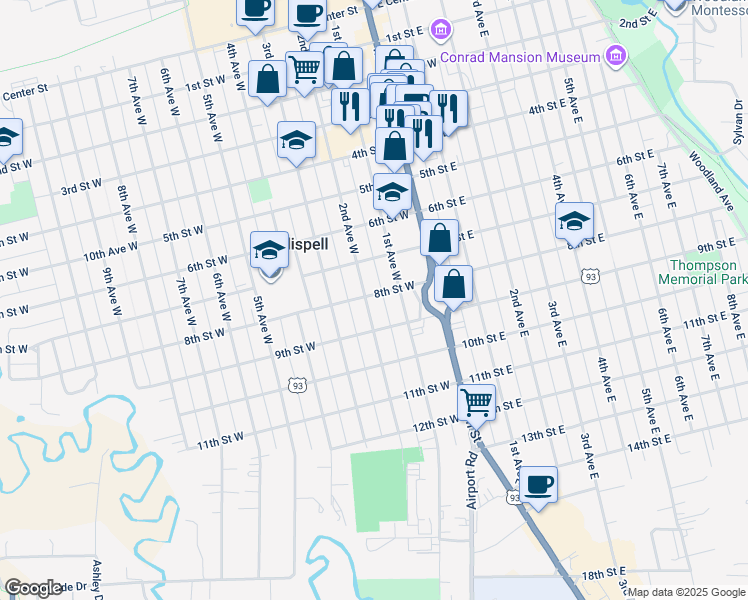 map of restaurants, bars, coffee shops, grocery stores, and more near 805 2nd Avenue West in Kalispell