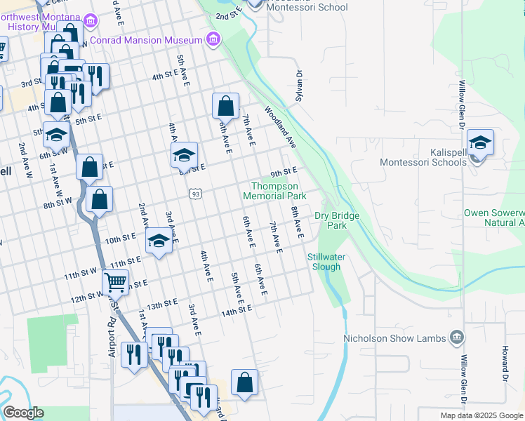map of restaurants, bars, coffee shops, grocery stores, and more near 1010 7th Avenue East in Kalispell