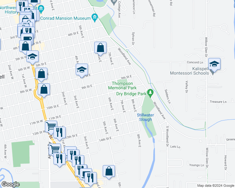 map of restaurants, bars, coffee shops, grocery stores, and more near 1010 7th Avenue East in Kalispell