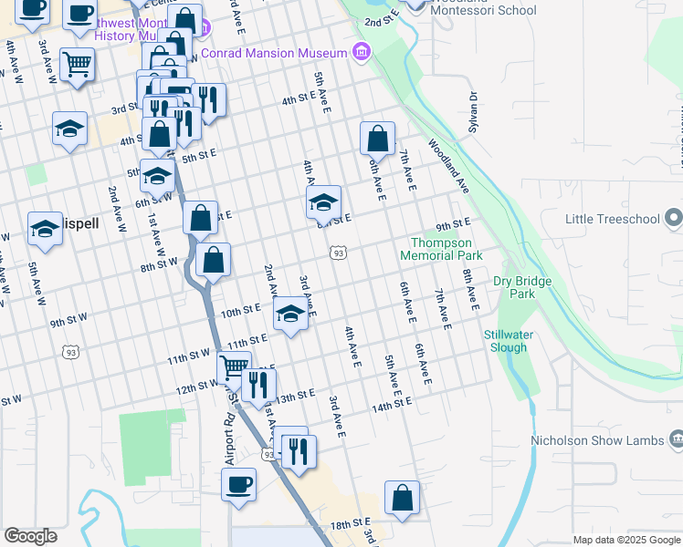 map of restaurants, bars, coffee shops, grocery stores, and more near 921 4th Avenue East in Kalispell