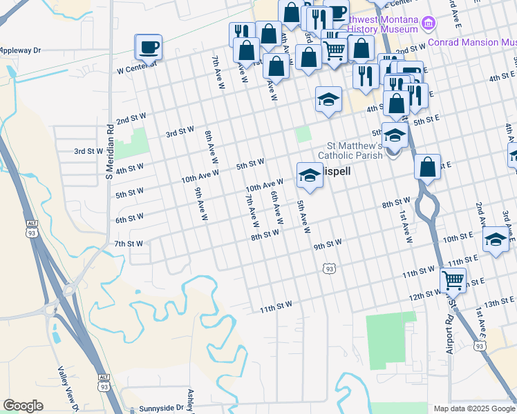 map of restaurants, bars, coffee shops, grocery stores, and more near 645 7th Street West in Kalispell