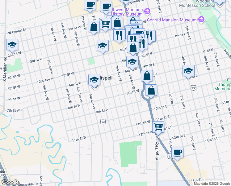 map of restaurants, bars, coffee shops, grocery stores, and more near 735 3rd Avenue West in Kalispell