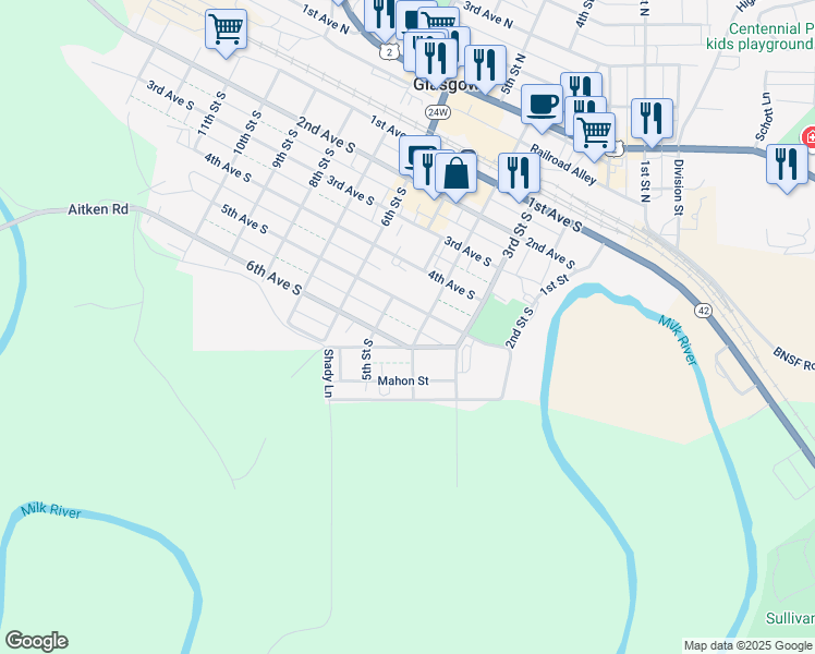 map of restaurants, bars, coffee shops, grocery stores, and more near 532 4th Street South in Glasgow