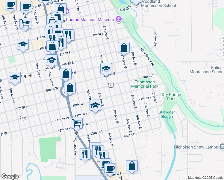 map of restaurants, bars, coffee shops, grocery stores, and more near 921 4th Avenue East in Kalispell