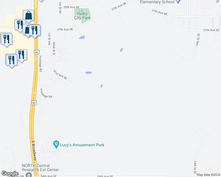 map of restaurants, bars, coffee shops, grocery stores, and more near 120 41st Avenue Southeast in Minot