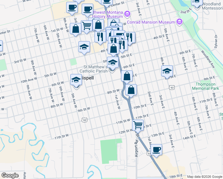 map of restaurants, bars, coffee shops, grocery stores, and more near 805 2nd Avenue West in Kalispell
